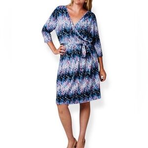 Christine Faux Wrap Dress Womens Plus 2X Knee Length 3/4 Sleeves Belted Stretch